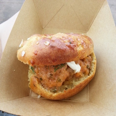 Potato & cheddar cheese biscuit with salmon tartare from the Buttercup Cottage in the UK pavilion.